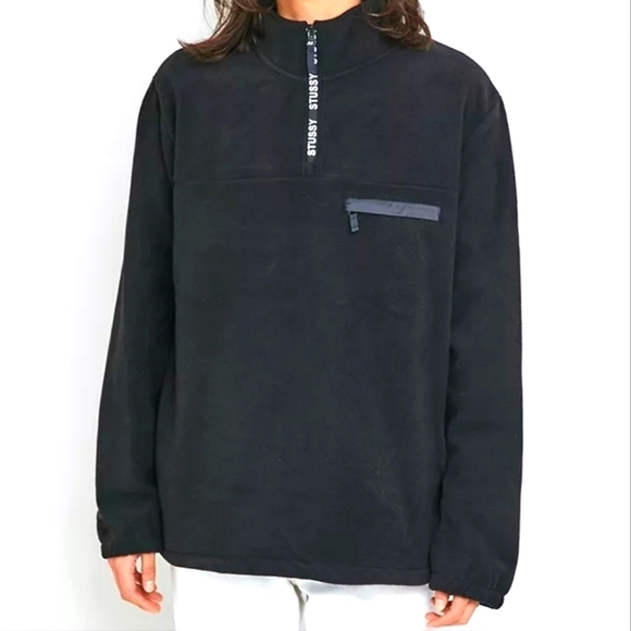 Stussy | Logo tape mock neck black microfleece pull-over sweater | MENS M - Picture 1 of 11